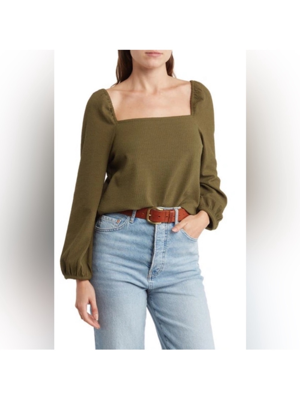 Madewell Olive Crepe Square Neck Puff Sleeve Top